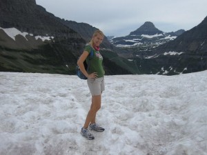 Rochelle hiking through snow in July