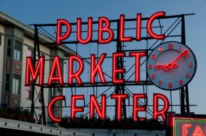 Public Market Center sign Pikes Place Market at sunset