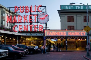 Public Market Center sign Pikes Place Market at sunset